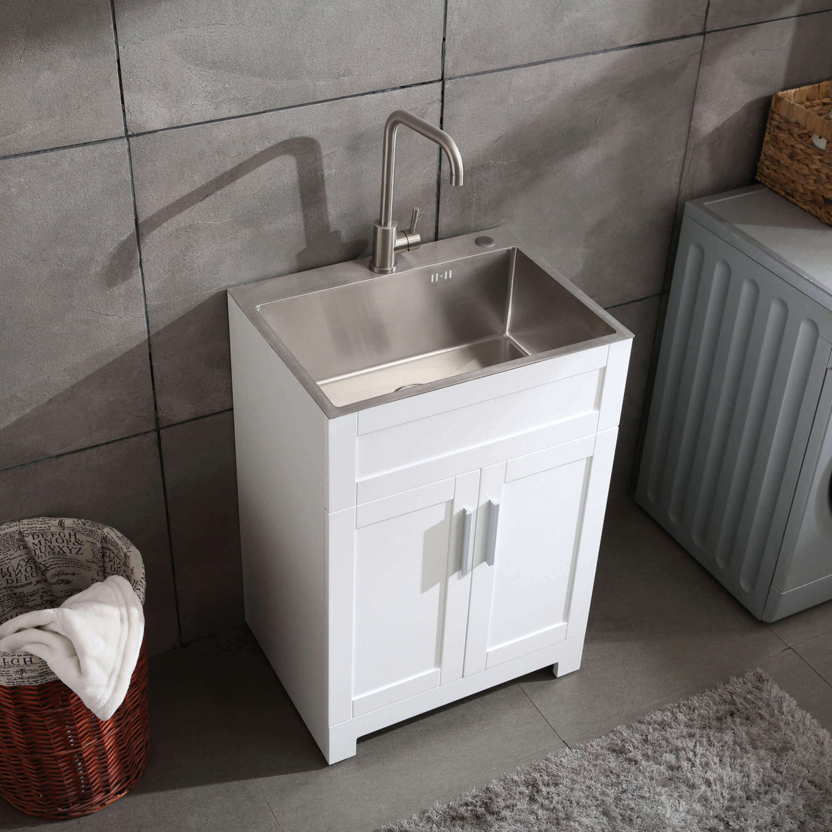 Goodyo® 24” White Utility Room Sink Cabinet with Stainless Steel Utility Sink