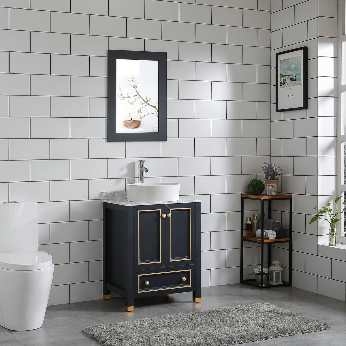 Goodyo® 24" Wood Bathroom Vanity Dark Navy Blue, Marble Top w/ Bowl Sink