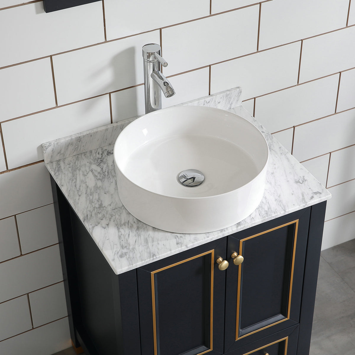 Goodyo® 24" Wood Bathroom Vanity Dark Navy Blue, Marble Top w/ Bowl Sink