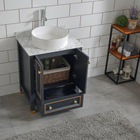 Goodyo® 24" Wood Bathroom Vanity Dark Navy Blue, Marble Top w/ Bowl Sink