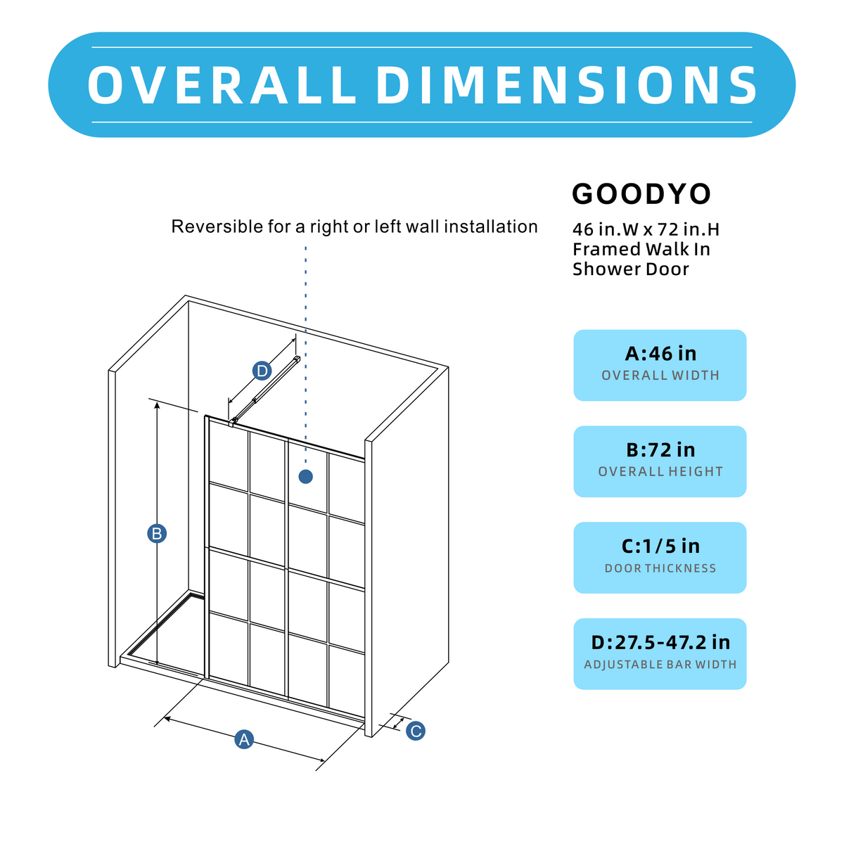 Goodyo® 46x72" Black Silk-Print Shower Door Walk-in