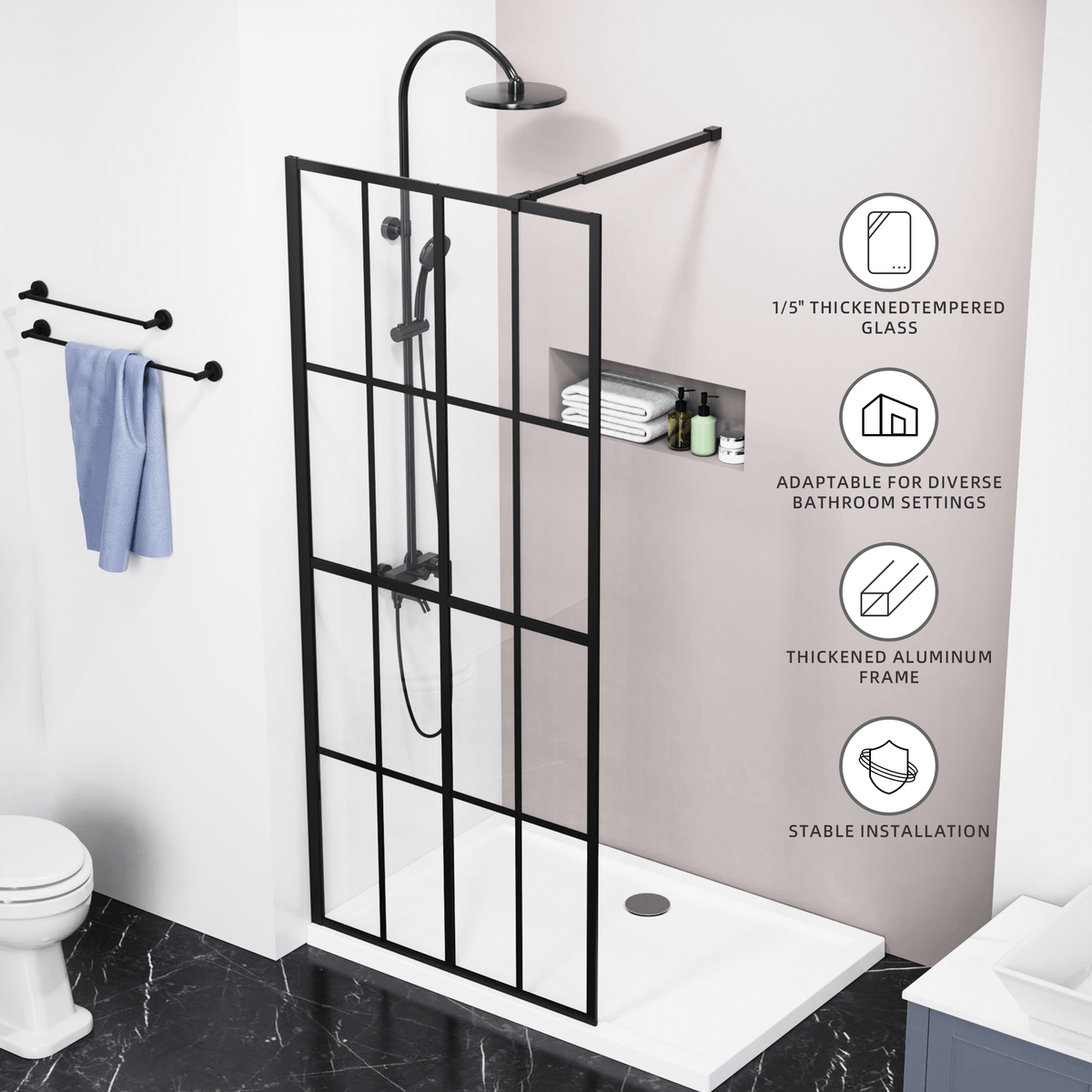 Goodyo® 34x72" Black Silk-Print Shower Door Walk-in