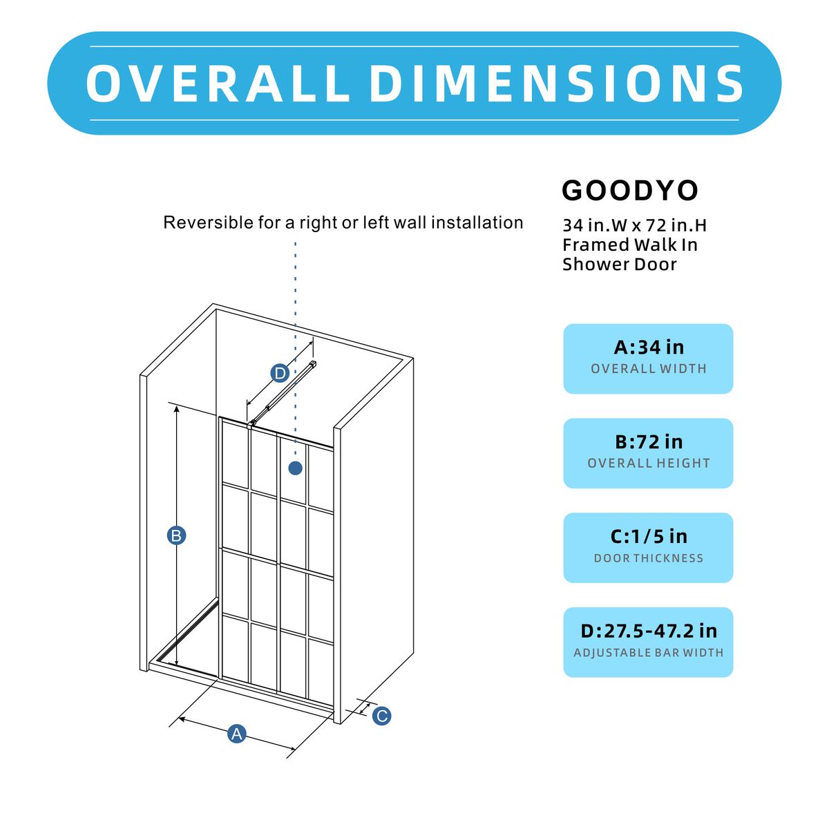 Goodyo® 34x72" Black Silk-Print Shower Door Walk-in