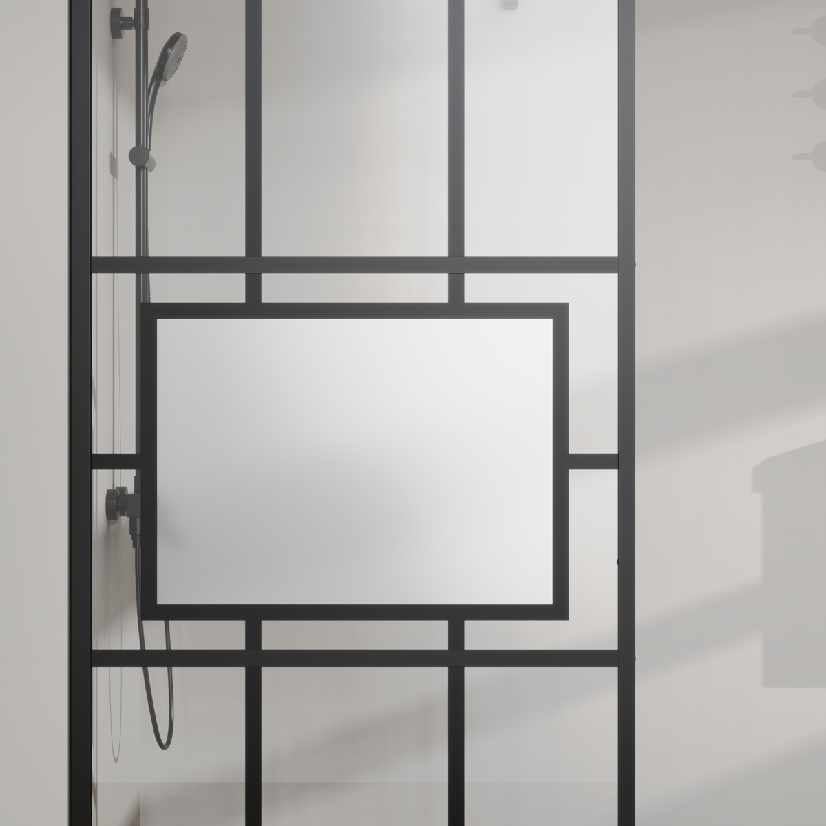 Goodyo® 34” X 72” Glass Shower Screen Door Fixed Framed Tempered Glass Panel for Walk-in Wetroom, Grid Pattern, Middle Frosted Glass, 3-Pieces Glass, Black
