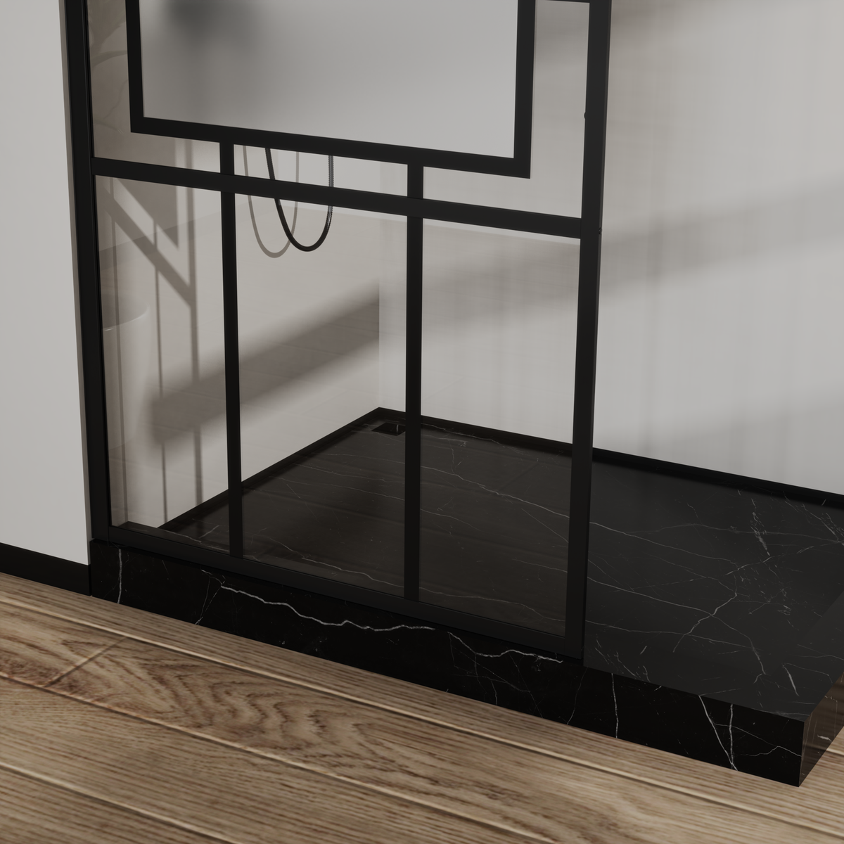 Goodyo® 34” X 72” Glass Shower Screen Door Fixed Framed Tempered Glass Panel for Walk-in Wetroom, Grid Pattern, Middle Frosted Glass, 3-Pieces Glass, Black