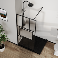 Goodyo® 34” X 72” Glass Shower Screen Door Fixed Framed Tempered Glass Panel for Walk-in Wetroom, Grid Pattern, Middle Frosted Glass, 3-Pieces Glass, Black