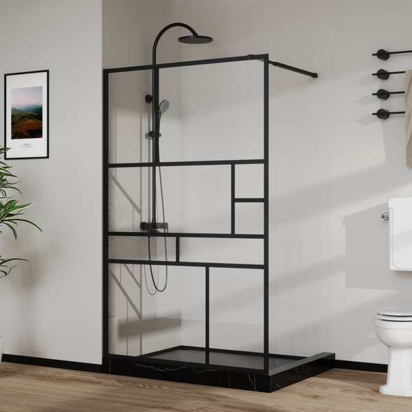Goodyo® 46 in. W x 72 in. H Bathroom Shower Glass Door Framed Tempered Glass Shower Screen Panel for Walk-in Bathroom, Multiple Grid Pattern, 3-Pieces Glass, Black