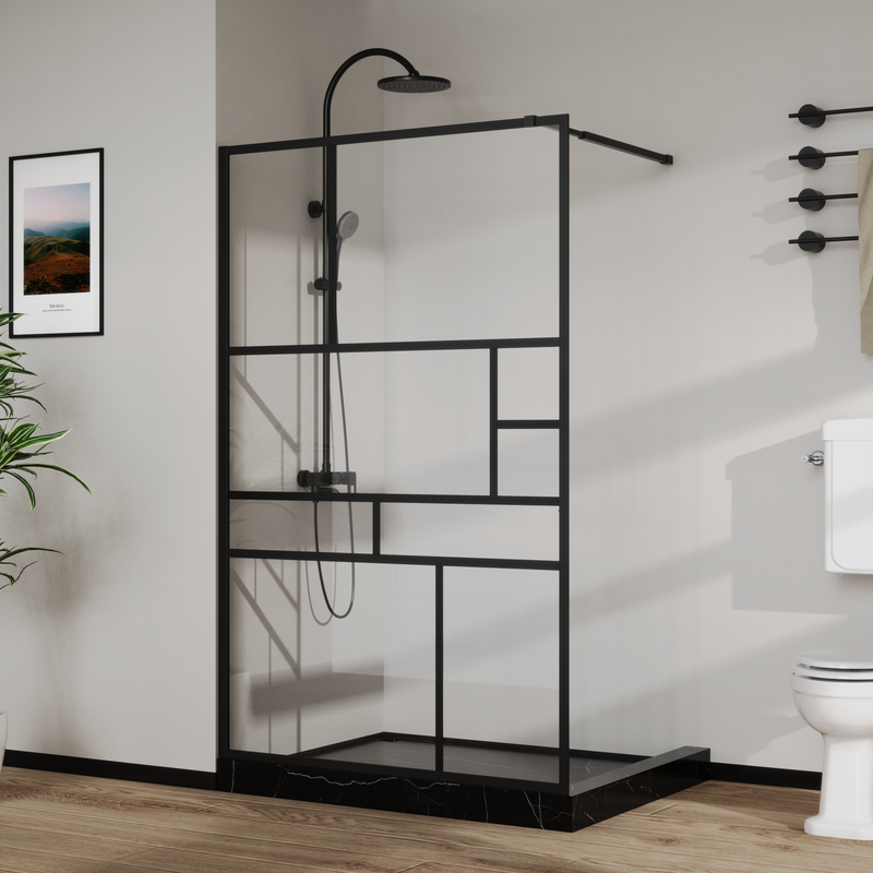 Goodyo® 46 in. W x 72 in. H Bathroom Shower Glass Door Framed Tempered Glass Shower Screen Panel for Walk-in Bathroom, Multiple Grid Pattern, 3-Pieces Glass, Black