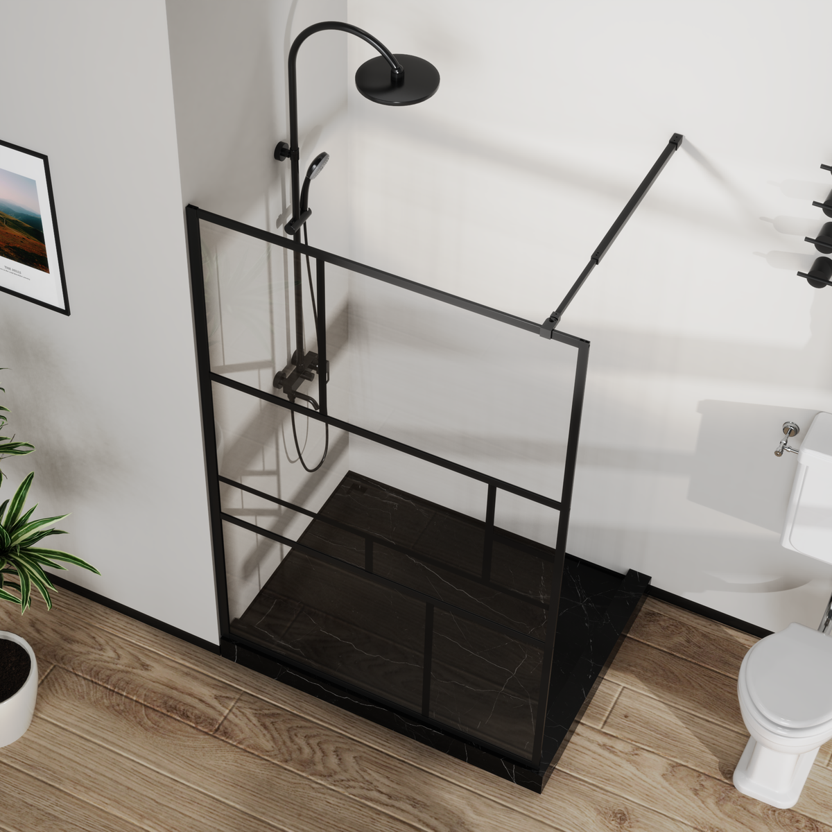 Goodyo® 46 in. W x 72 in. H Bathroom Shower Glass Door Framed Tempered Glass Shower Screen Panel for Walk-in Bathroom, Multiple Grid Pattern, 3-Pieces Glass, Black
