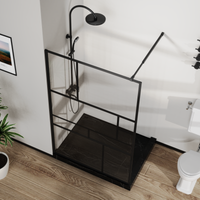Goodyo® 46 in. W x 72 in. H Bathroom Shower Glass Door Framed Tempered Glass Shower Screen Panel for Walk-in Bathroom, Multiple Grid Pattern, 3-Pieces Glass, Black