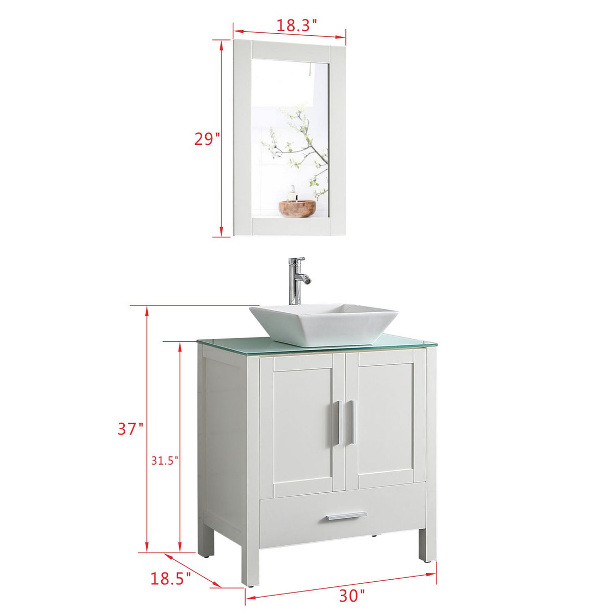 Goodyo® 30" White Bathroom Vanity w/ Glass Top, Vessel Sink & Mirror