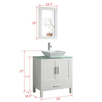 Goodyo® 30" White Bathroom Vanity w/ Glass Top, Vessel Sink & Mirror