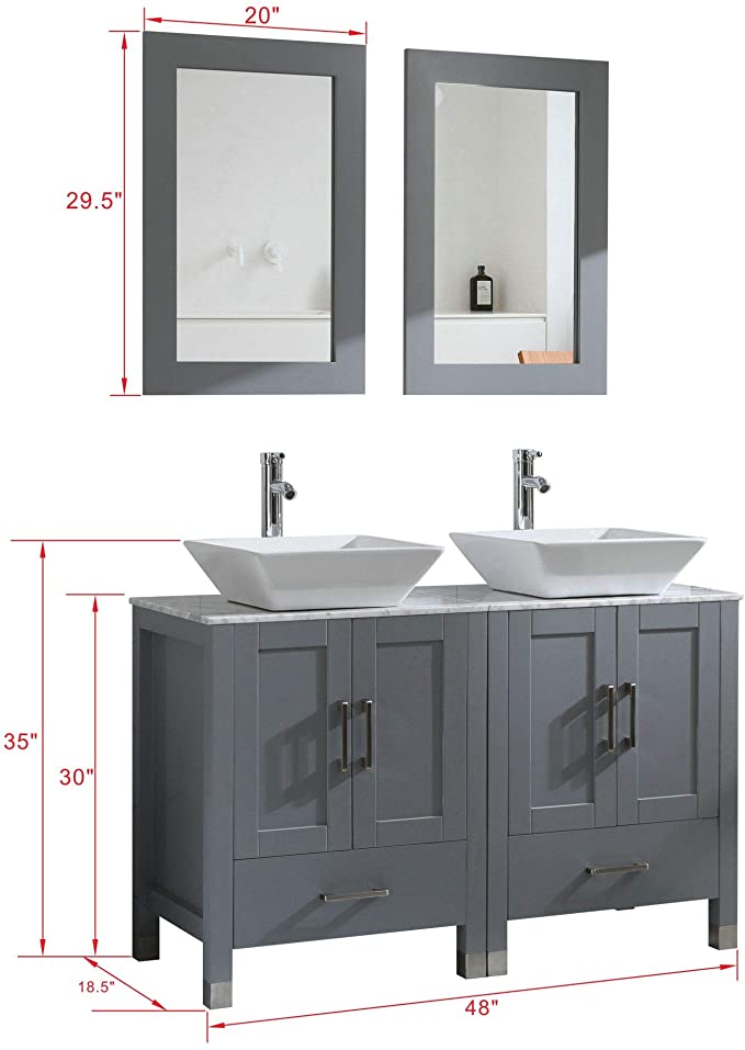 Goodyo® 48" Double Sink Vanity Gray Bathroom Vanity w/ Marble Top & Mirror