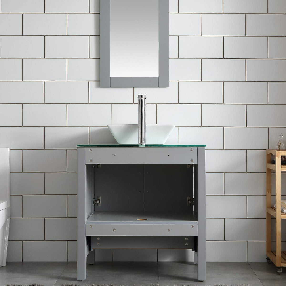 Goodyo® 30" Gray Bathroom Vanity w/ Glass Top, Vessel Sink & Mirror