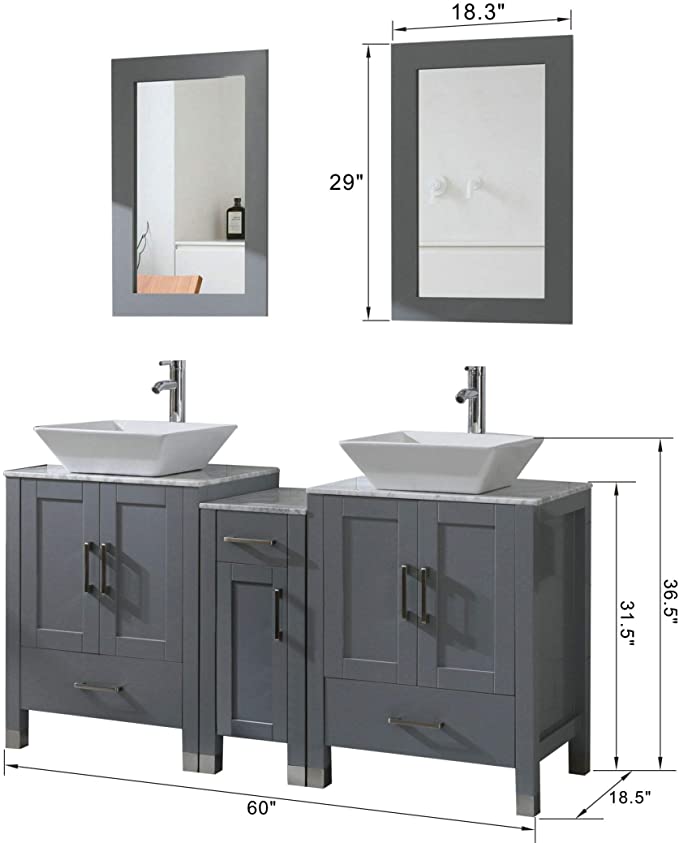Goodyo® 60" Gray Bathroom Vanity w/ Marble Tops