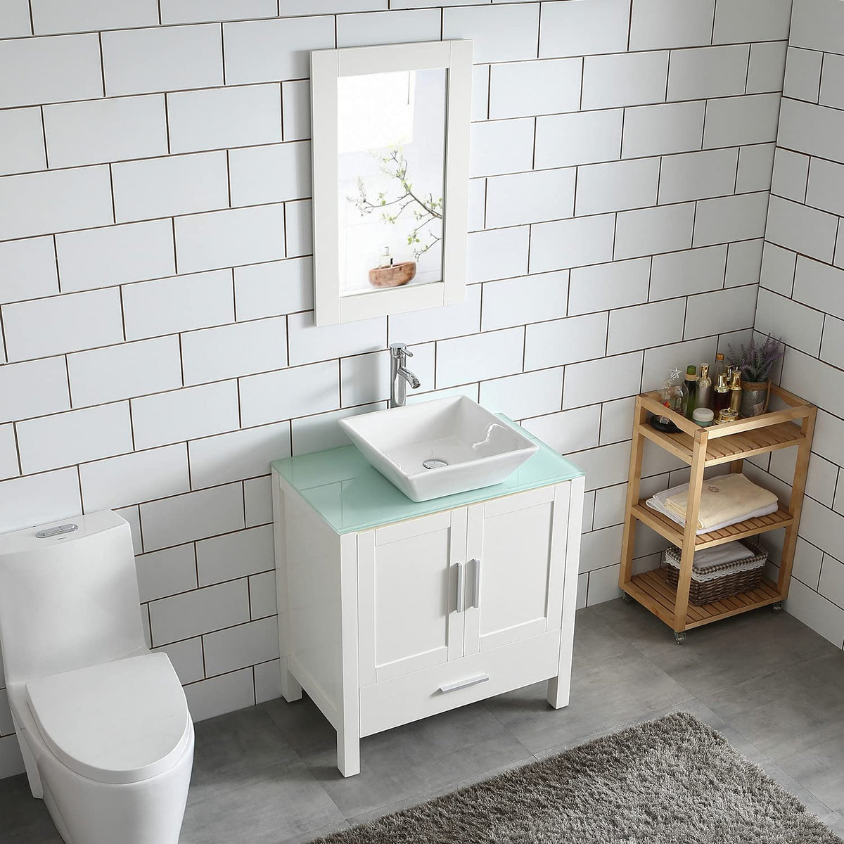 Goodyo® 30" White Bathroom Vanity w/ Glass Top, Vessel Sink & Mirror