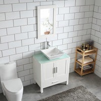 Goodyo® 30" White Bathroom Vanity w/ Glass Top, Vessel Sink & Mirror