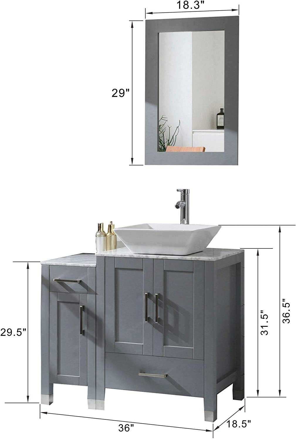 Goodyo® 36" Gray Bathroom Vanity w/ Marble Top