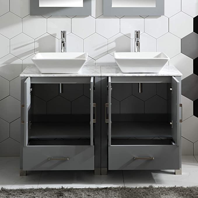 Goodyo® 48" Double Sink Vanity Gray Bathroom Vanity w/ Marble Top & Mirror