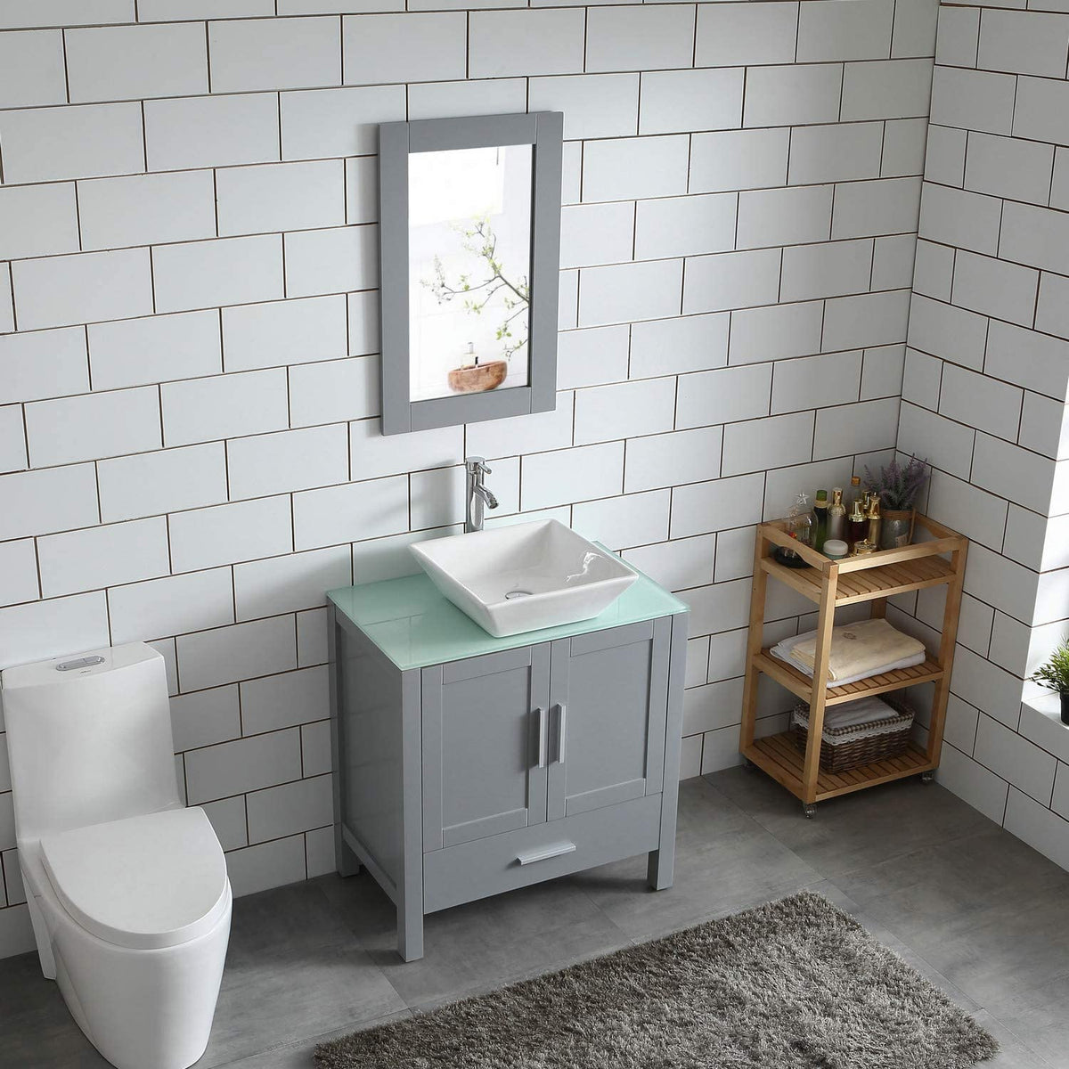 Goodyo® 30" Gray Bathroom Vanity w/ Glass Top, Vessel Sink & Mirror