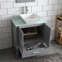 Goodyo® 30" Gray Bathroom Vanity w/ Glass Top, Vessel Sink & Mirror