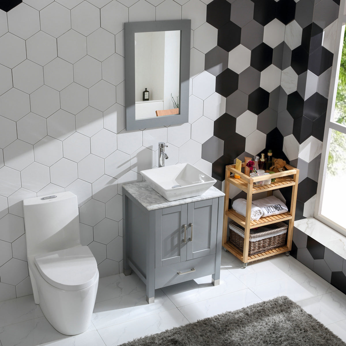 Goodyo® 24” Gray Solid Wood Bathroom Vanity w/ Vessel Sink & Marble Top