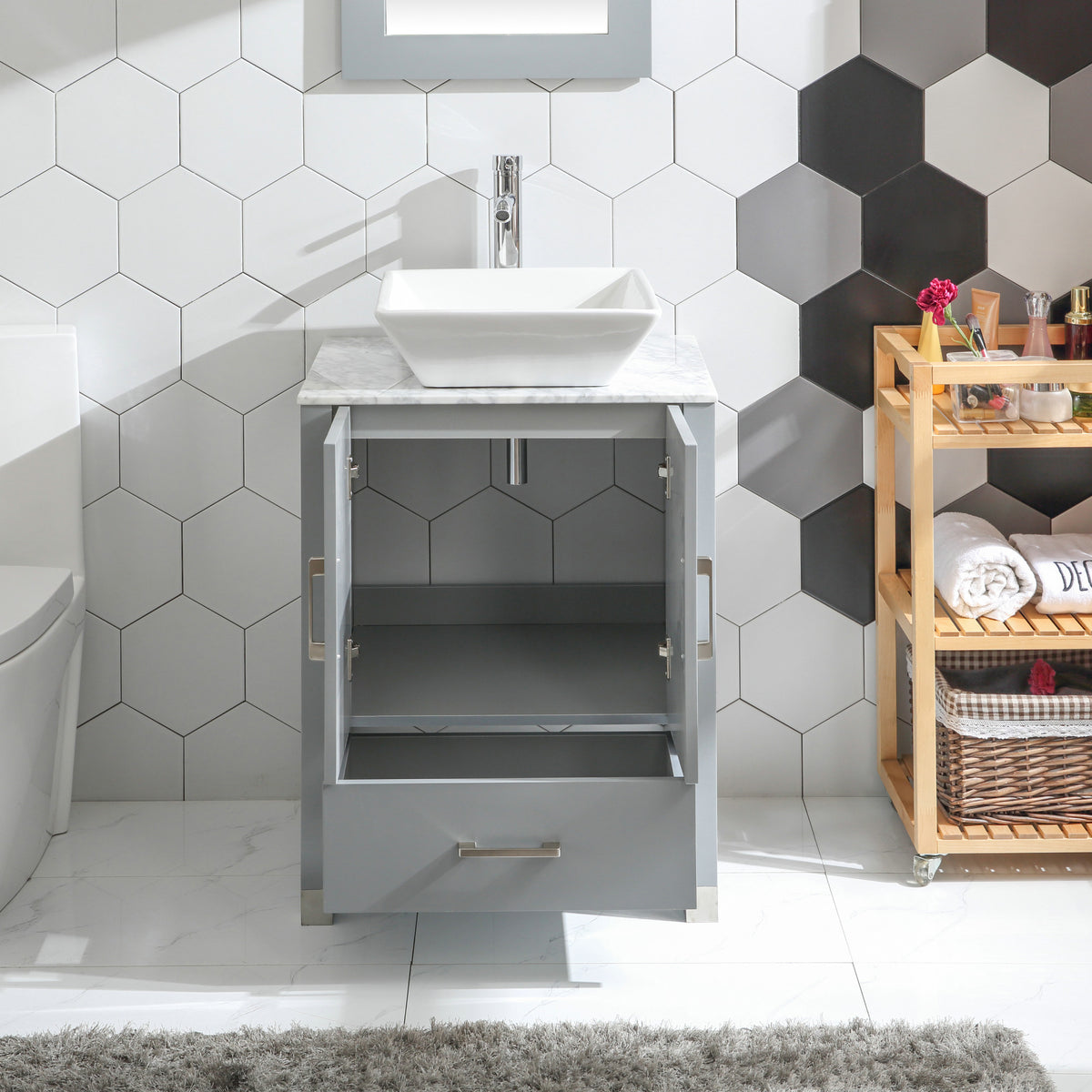Goodyo® 24” Gray Solid Wood Bathroom Vanity w/ Vessel Sink & Marble Top