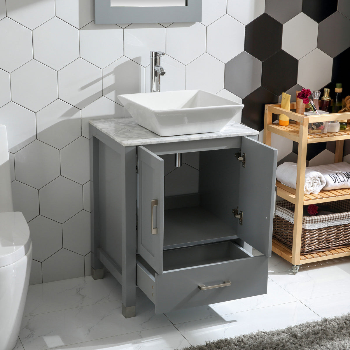 Goodyo® 24” Gray Solid Wood Bathroom Vanity w/ Vessel Sink & Marble Top