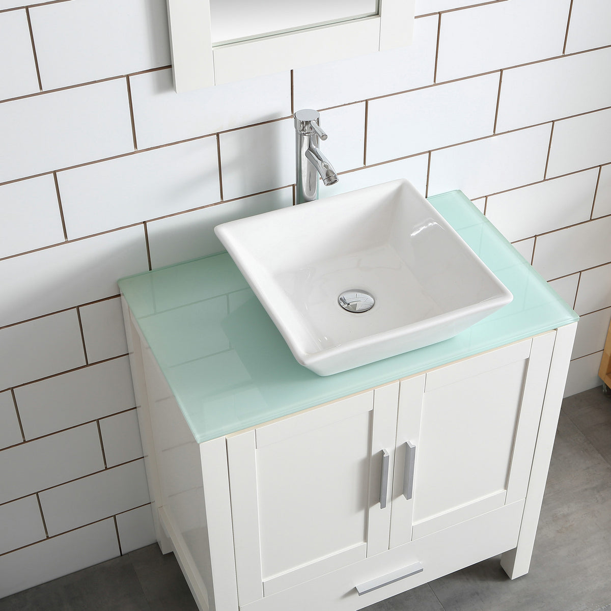 Goodyo® 30" White Bathroom Vanity w/ Glass Top, Vessel Sink & Mirror