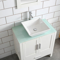 Goodyo® 30" White Bathroom Vanity w/ Glass Top, Vessel Sink & Mirror