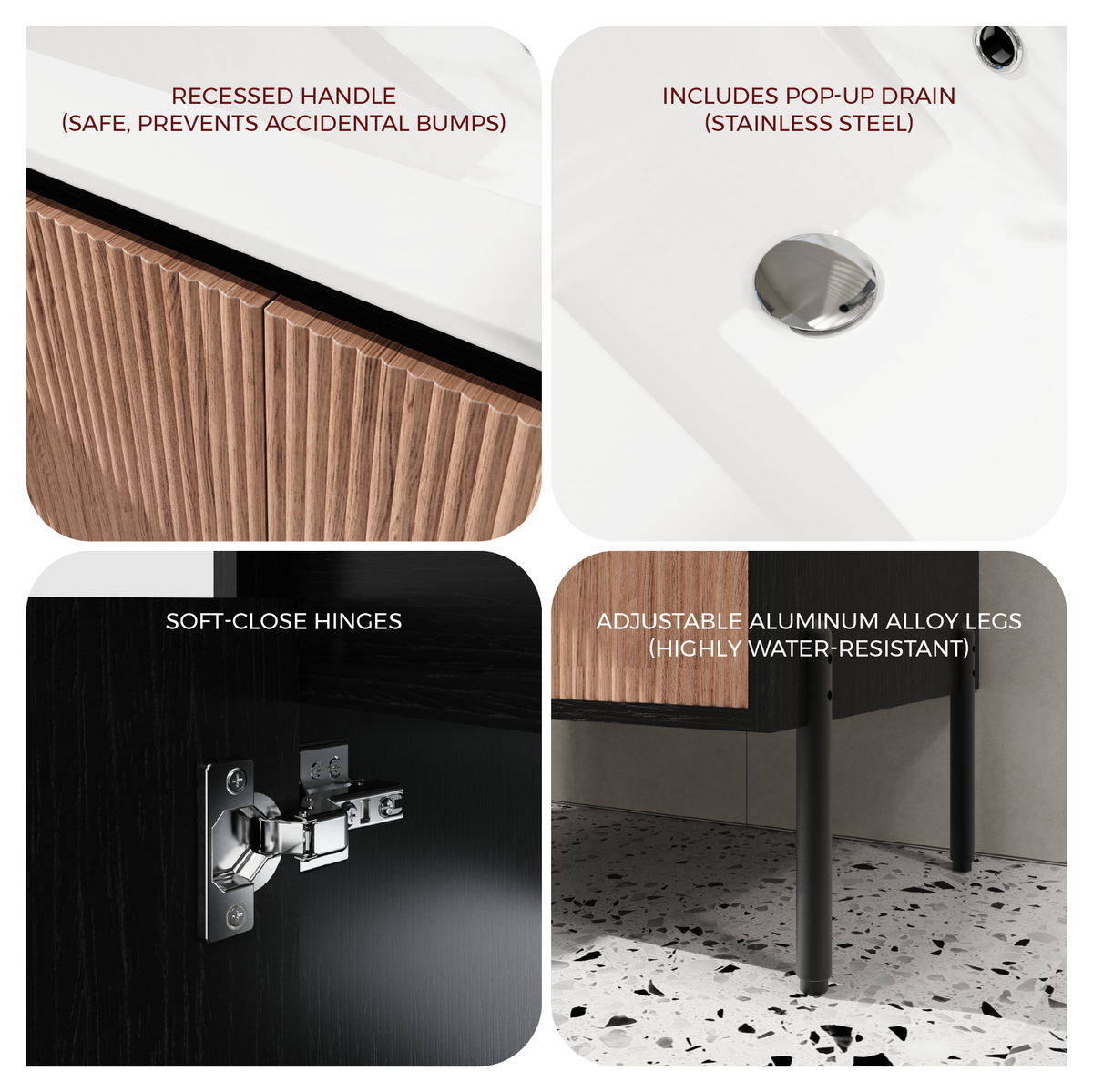 Goodyo 30" Modern Bathroom Vanity with Sink Combo – Fluted Walnut & Black Freestanding Cabinet with Adjustable  Metal Feet