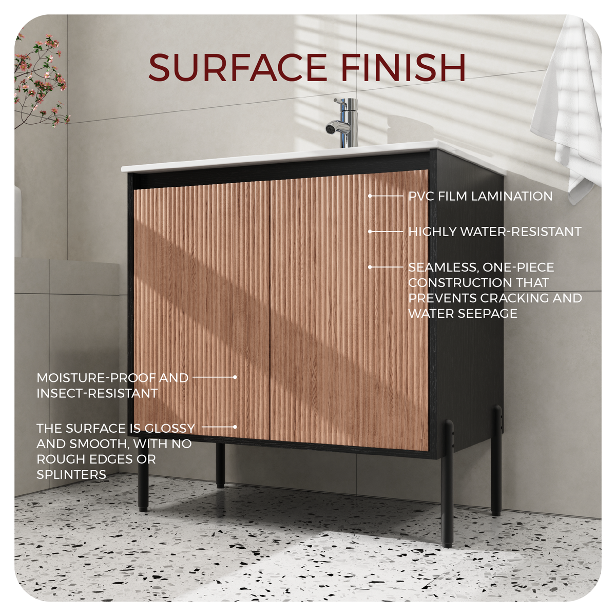Goodyo 30" Modern Bathroom Vanity with Sink Combo – Fluted Walnut & Black Freestanding Cabinet with Adjustable  Metal Feet