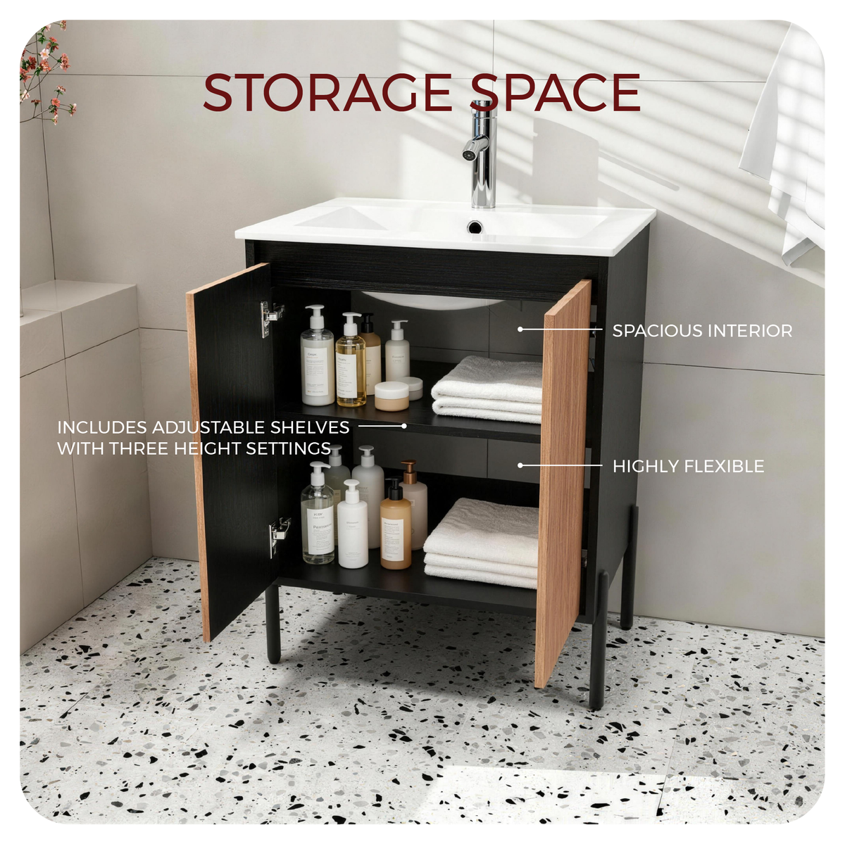 Goodyo 30" Modern Bathroom Vanity with Sink Combo – Fluted Walnut & Black Freestanding Cabinet with Adjustable  Metal Feet