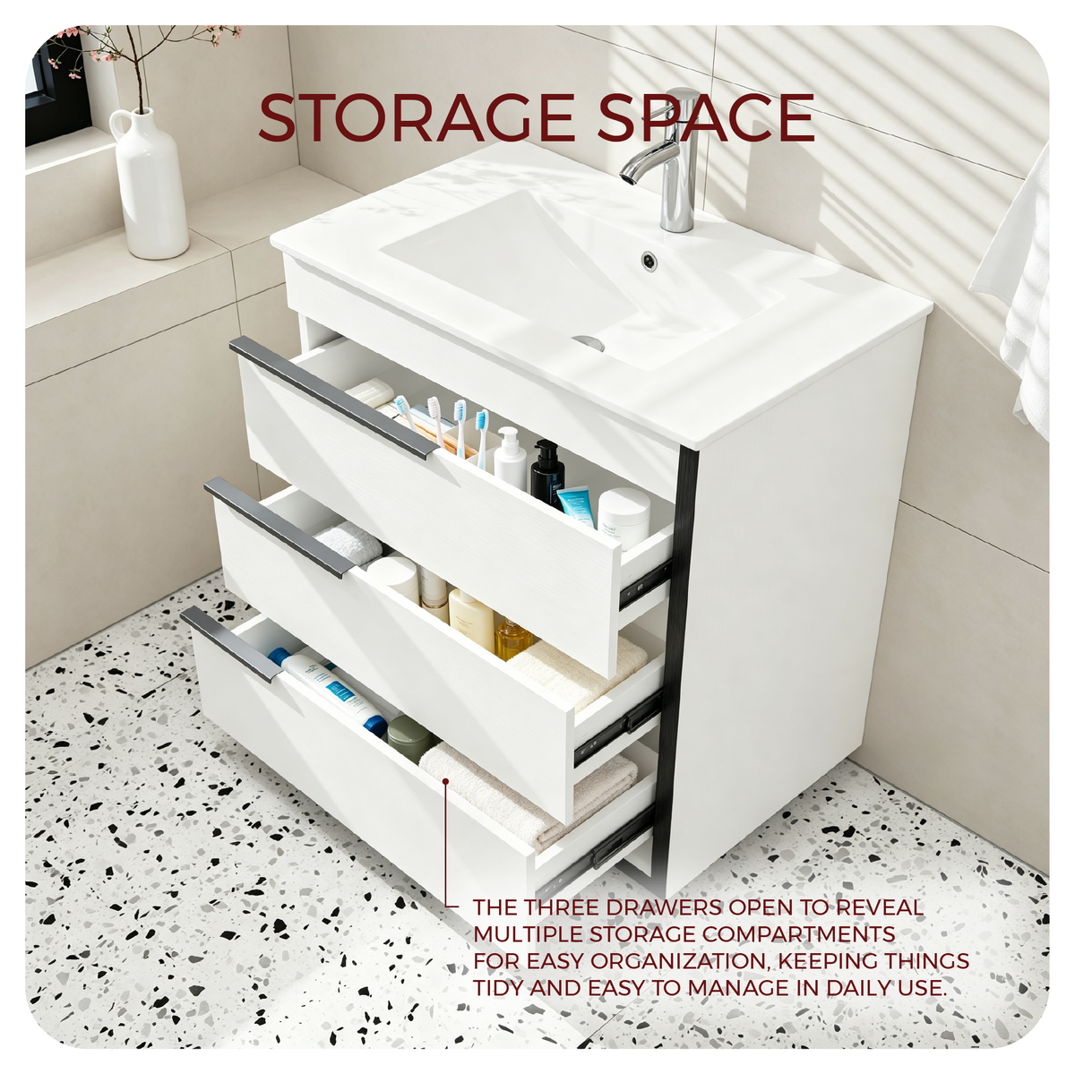 Goodyo 30" Modern Bathroom Vanity with Ceramic Sink, Freestanding 3 Drawers Bathroom Cabinet