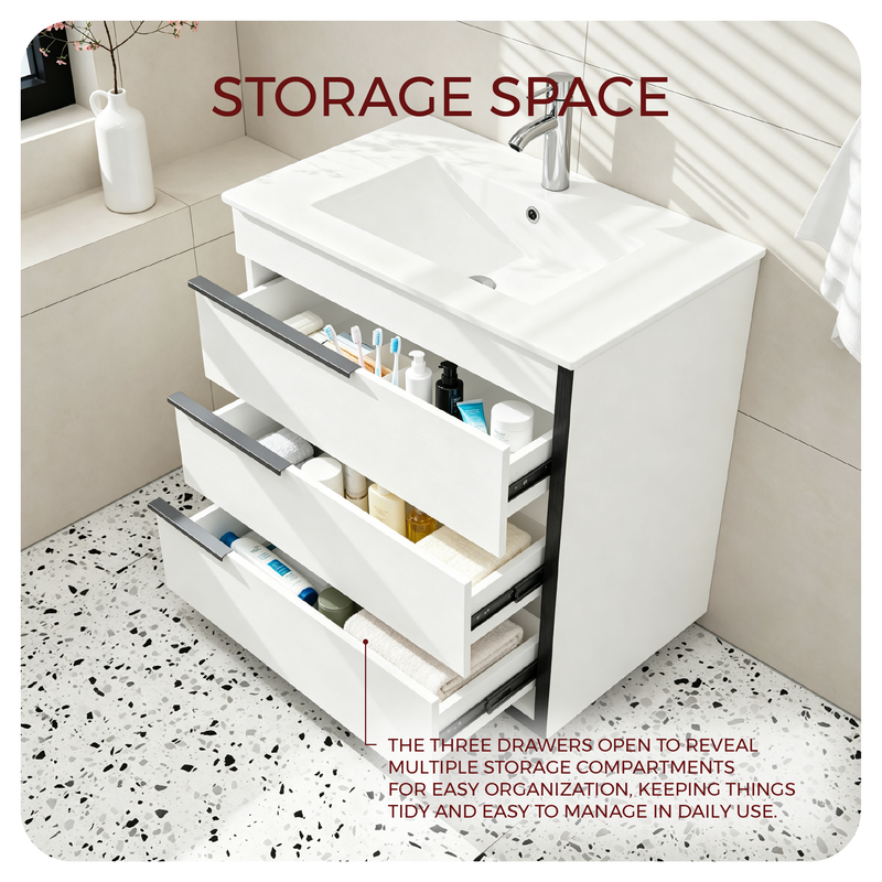 Goodyo 30" Modern Bathroom Vanity with Ceramic Sink, Freestanding 3 Drawers Bathroom Cabinet