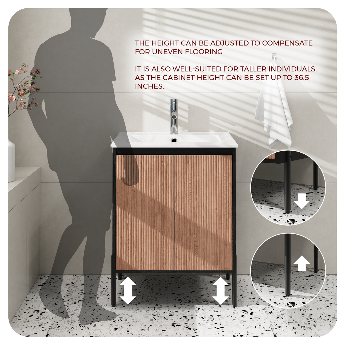 Goodyo 30" Modern Bathroom Vanity with Sink Combo – Fluted Walnut & Black Freestanding Cabinet with Adjustable  Metal Feet