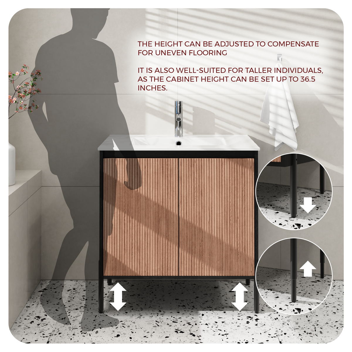 Goodyo 30" Modern Bathroom Vanity with Sink Combo – Fluted Walnut & Black Freestanding Cabinet with Adjustable  Metal Feet