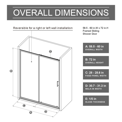 Goodyo 58.5-60 in. W x 72 in. H Sliding Shower Door, Chrome Finish Glass Shower Door with Tempered Safety Glass