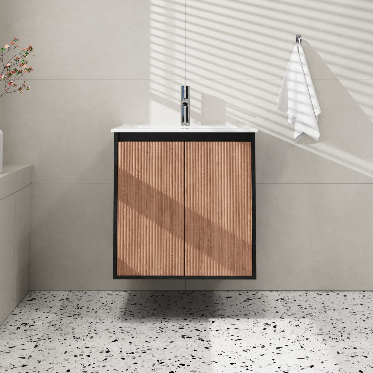 Goodyo 30" Modern Bathroom Vanity with Sink Combo – Fluted Walnut & Black Freestanding Cabinet with Adjustable  Metal Feet