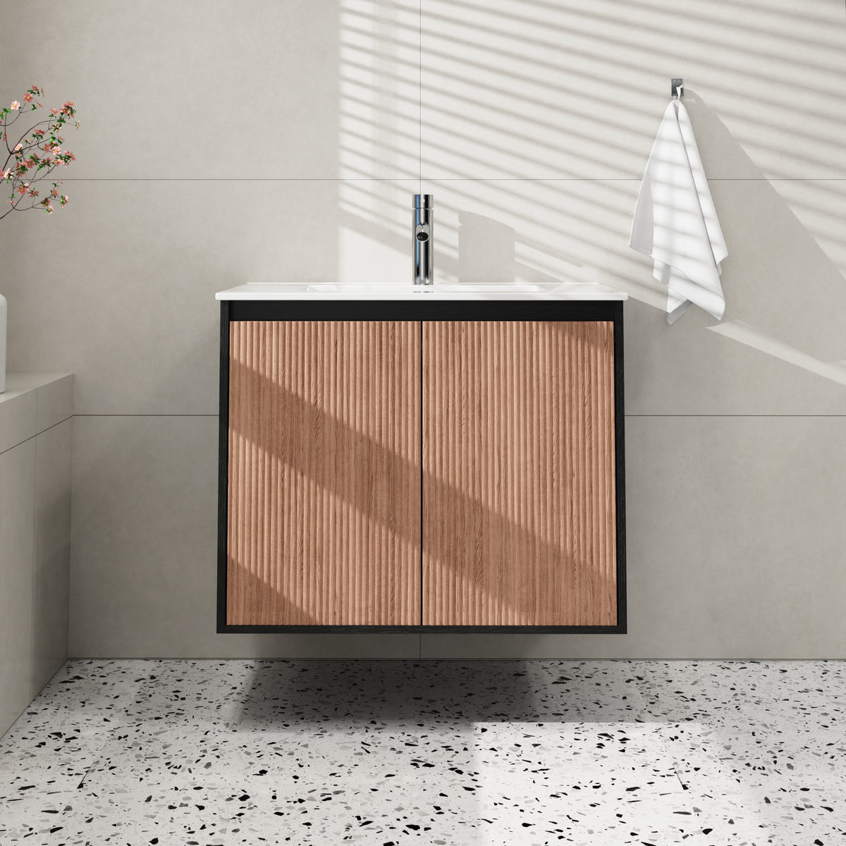 Goodyo 30" Modern Bathroom Vanity with Sink Combo – Fluted Walnut & Black Freestanding Cabinet with Adjustable  Metal Feet