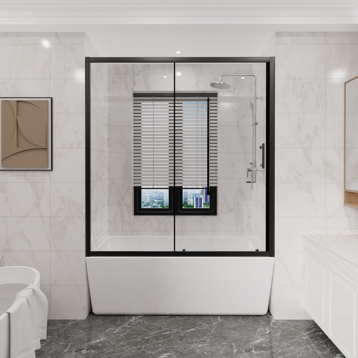 Goodyo 60 in. W x 62 in. H Black Sliding Bathtub Shower Door, 1/5 in. Clear Tempered Glass Tub Door with Stainless Steel Handle, Single Sliding Shower Screen
