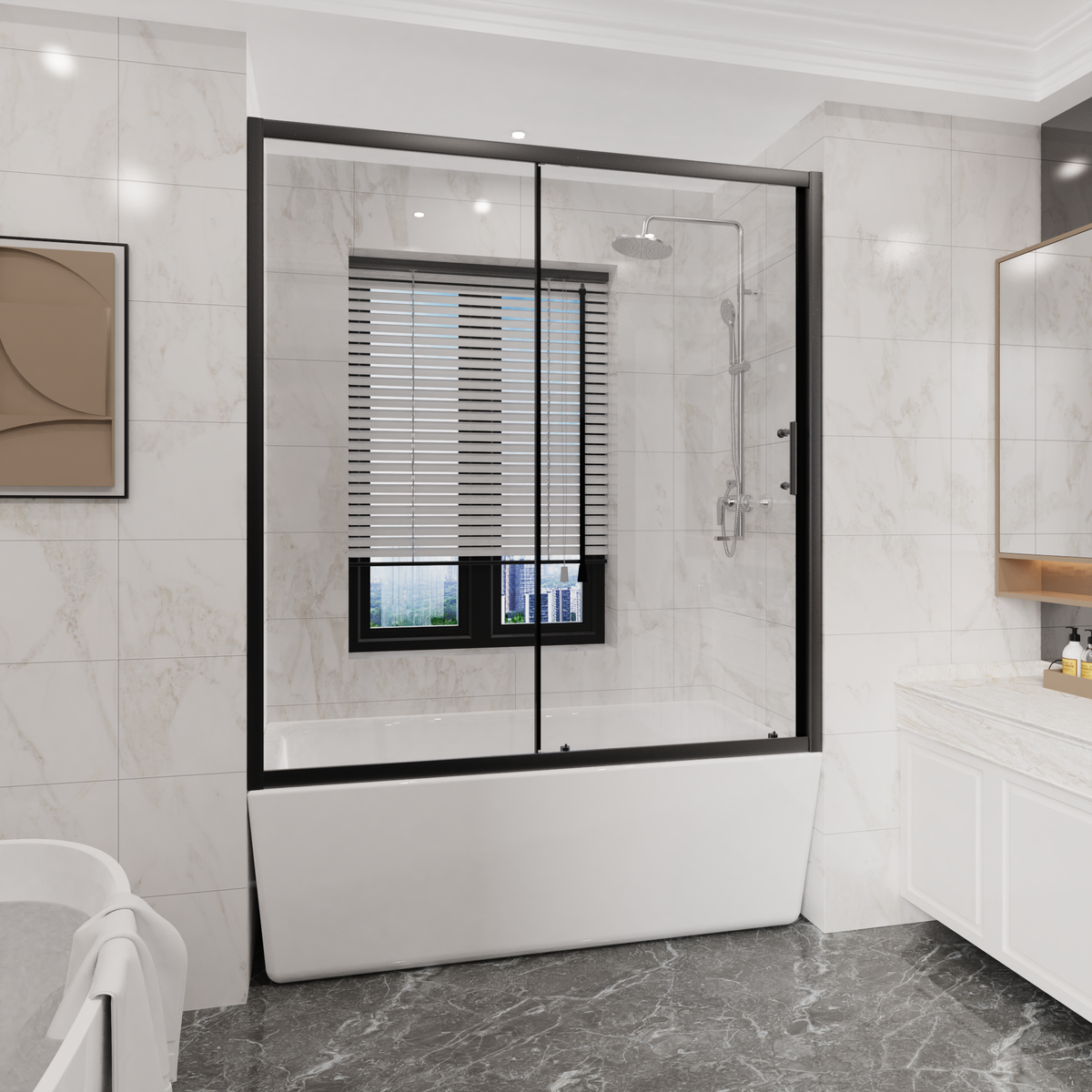 Goodyo 60 in. W x 62 in. H Black Sliding Bathtub Shower Door, 1/5 in. Clear Tempered Glass Tub Door with Stainless Steel Handle, Single Sliding Shower Screen