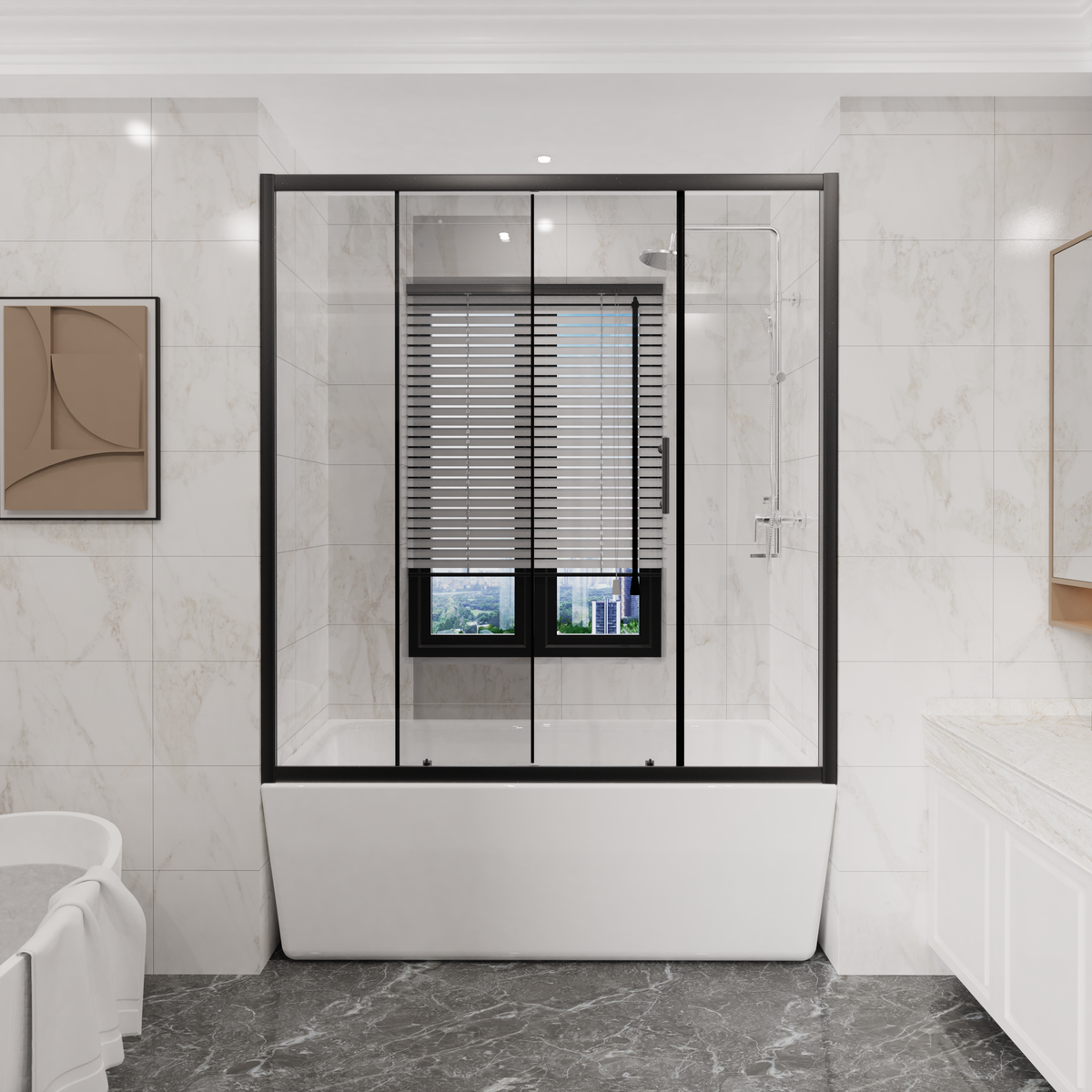 Goodyo 60 in. W x 62 in. H Black Sliding Bathtub Shower Door, 1/5 in. Clear Tempered Glass Tub Door with Stainless Steel Handle, Single Sliding Shower Screen