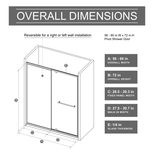 Goodyo Pivot Shower Door – Matte Black Framed Swing Glass, 56-60" x 72", 1/4" Clear Tempered Glass, Modern Bathroom Shower Enclosure