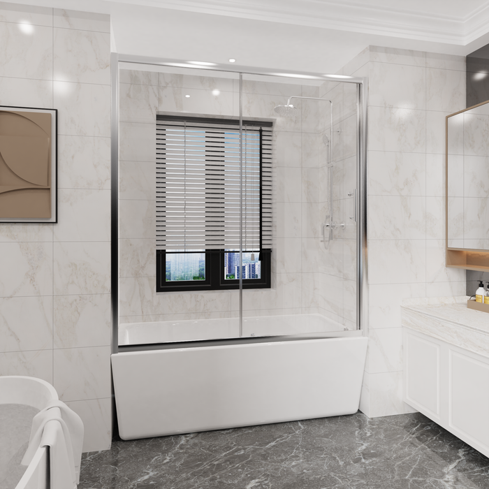 Goodyo 60 in. W x 62 in. H Sliding Bathtub Shower Door, 1/5 in. Clear Tempered Glass Tub Door with Stainless Steel Handle, Single Sliding Shower Screen Chrome
