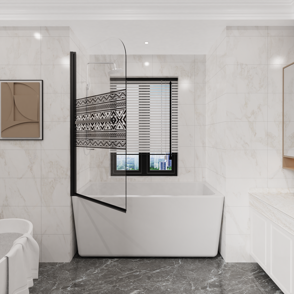 Goodyo 32 in W x 55 in H Bohemian Pattern Tempered Glass Pivot Shower Door for Bathtub, Black Frame, Stainless Steel Handle