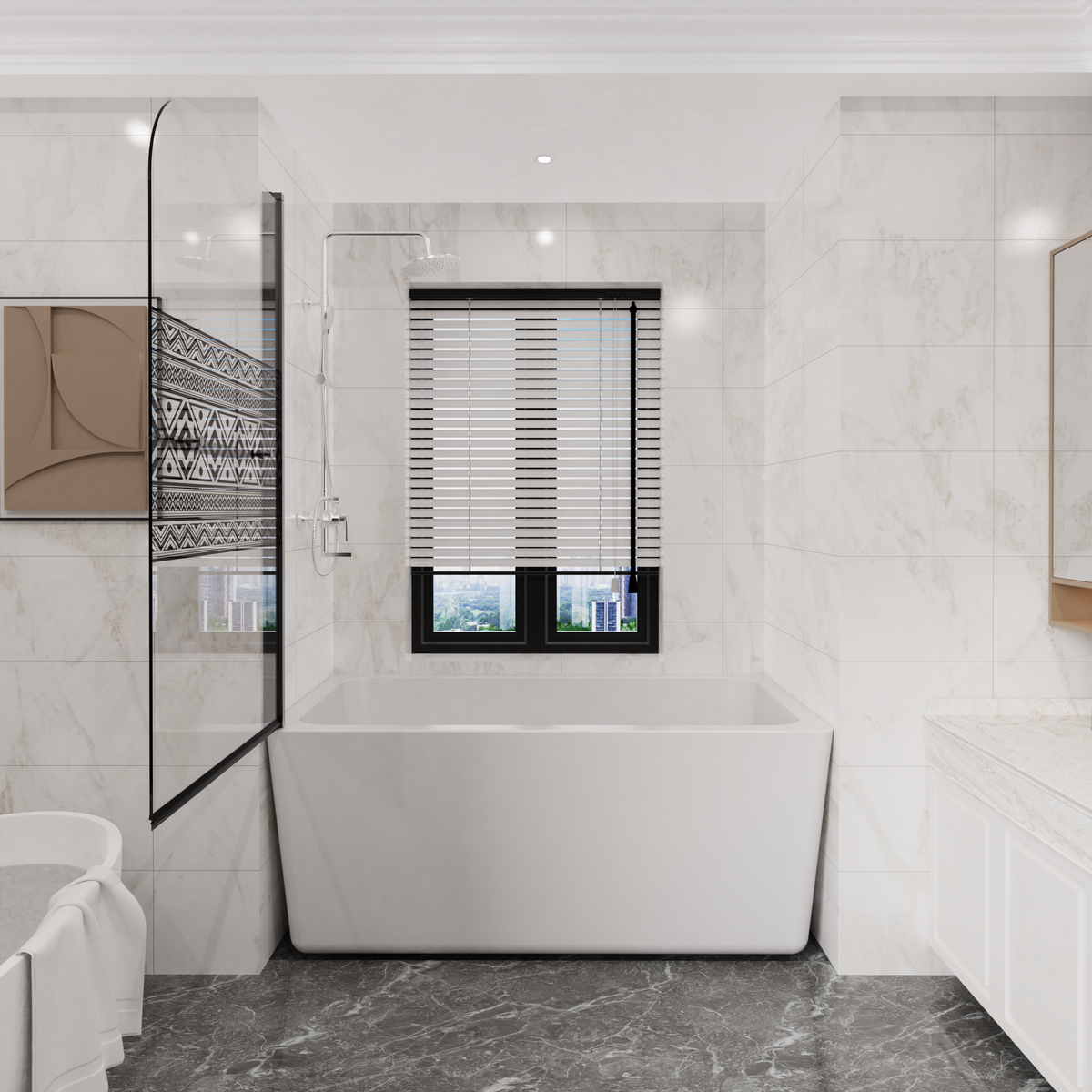 Goodyo 32 in W x 55 in H Bohemian Pattern Tempered Glass Pivot Shower Door for Bathtub, Black Frame, Stainless Steel Handle