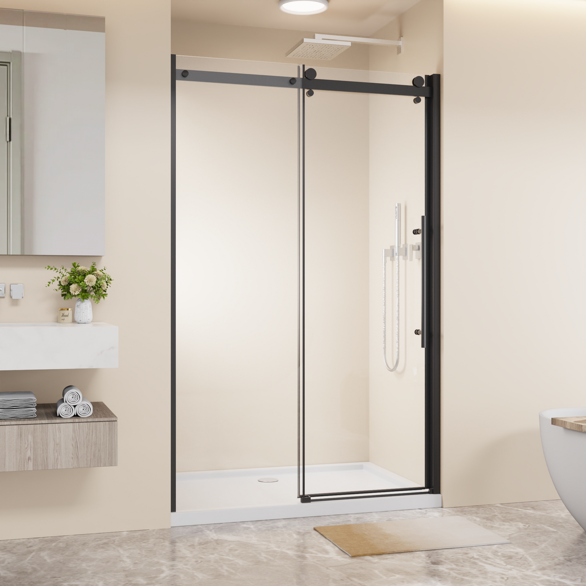 Goodyo 48" W x 72" H Frameless Sliding Shower Door, 1/4" Clear Tempered Glass, Reversible Single Sliding Door with Zinc Rollers & Stainless Steel Handle, Matte Black Finish