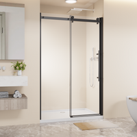 Goodyo 48" W x 72" H Frameless Sliding Shower Door, 1/4" Clear Tempered Glass, Reversible Single Sliding Door with Zinc Rollers & Stainless Steel Handle, Matte Black Finish