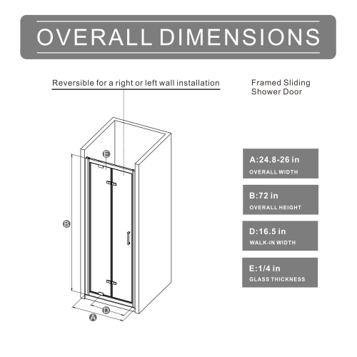 Goodyo 26" x 72" Framed Bi-Fold Shower Door, Space-Saving Folding Pivot Shower Door with 1/4" Tempered Glass & Matte Black Aluminum Frame